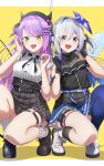  2girls :d absurdres amane_kanata angel_wings bangs black_bow black_bowtie black_footwear black_gloves black_headwear black_legwear black_shirt black_skirt blue_eyes blue_hair blue_legwear blue_skirt blush bow bowtie breasts colored_inner_hair earphones eyebrows_visible_through_hair fake_horns frilled_skirt frills gloves green_eyes hair_ornament hairclip halo highres hololive horned_headwear horns kneehighs leg_tattoo looking_at_viewer medium_breasts multicolored_hair multiple_girls murakami_ryouga partially_fingerless_gloves pink_hair pleated_skirt purple_hair shirt shoes silver_hair simple_background single_kneehigh single_thighhigh skirt smile socks squatting star_halo streaked_hair tattoo thigh-highs thigh_strap tokoyami_towa two-tone_hair virtual_youtuber white_footwear white_legwear wings x_hair_ornament 