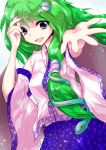  1girl alphes_(style) blue_eyes detached_sleeves frog green_hair hair_ornament kochiya_sanae light_particles long_hair neo1031 open_mouth outstretched_arm outstretched_hand parody smile snake solo style_parody touhou 