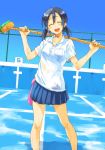  black_hair broom closed_eyes empty_pool happy legs mop open_mouth original pool sakamoto_atsumu short_twintails skirt smile solo twintails wet wet_clothes 