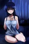  bed black_hair blue_hair blush breast_suppress breasts brown_eyes cosaten highres long_hair naked_towel school_rumble solo suou_mikoto sweat towel wet 