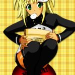  blonde_hair chinese_clothes dark_skin food green_eyes kiiro kufei mahou_sensei_negima mahou_sensei_negima! parody sitting thighhighs 