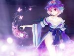  ayakohi bare_shoulders breasts butterfly cleavage fan folding_fan frown gradient_hair hat japanese_clothes kimono legs multicolored_hair no_panties obi off_shoulder pink_hair purple_hair saigyouji_yuyuko side_slit standing touhou wallpaper 