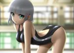  aizawa_sakuya all_fours arched_back ass bad_id blurry breast_squeeze breasts competition_swimsuit depth_of_field female girl green_eyes grey_hair hair_ornament hairclip hayate_no_gotoku! one-piece_swimsuit open_mouth pool poolside pose reflection shiny shiny_clothes short_hair single_vertical_stripe siraha solo swimsuit 