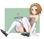  alternate_costume bad_id bare_shoulders brown_eyes brown_hair elbow_gloves enmaided gloves goblet k-on! legs maid mouth_hold pantarou panties pantyshot pantyshot_sitting shoes short_hair sitting solo tainaka_ritsu thigh-highs thighhighs tray underwear waitress 