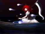  bad_id boat brown_eyes delant ghost grin hair_bobbles hair_ornament onozuka_komachi red_hair redhead scythe smile solo touhou twintails water 