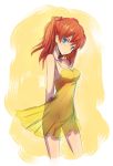  arms_behind bare_shoulders blue_eyes cropped_legs dress female kara_(color) long_hair minidress neon_genesis_evangelion no_panties red_hair redhead see-through silhouette solo souryuu_asuka_langley yellow yellow_background yellow_dress 