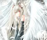  albino_(vocaloid) alternate_hair_color dabadhi detached_sleeves feathers hatsune_miku long_hair necktie open_mouth red_eyes solo twintails vocaloid white_hair wings 