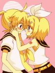  1girl anzu_(o6v6o) bad_id blush couple hair_ornament hair_ribbon hairclip heart incest incipient_kiss kagamine_len kagamine_rin necktie ribbon short_hair siblings smile twincest twins vocaloid 