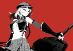  breasts cleavage elbow_gloves fingerless_gloves gloves god_eater god_eater_burst hat highres large_breasts midriff monochrome pantyhose plaid real_xxiii red red_background red_eyes short_hair spot_color underboob weapon 