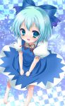  artist_request barefoot blue_eyes blue_hair bow cirno hair_bow highres momose_rin short_hair solo touhou wings 