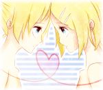  blonde_hair blue_eyes chiyu_(sweet) eye_contact hair_ornament hairclip heart incest kagamine_len kagamine_rin nude short_hair siblings twincest twins vocaloid 