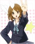  blazer brown_eyes brown_hair foreshortening hirasawa_yui k-on! school_uniform short_hair solo tanupo touhou vulcan_salute 