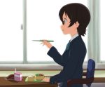  black_hair chopsticks desk face food glasses ikari_manatsu k-on! manabe_nodoka profile school_uniform solo window 