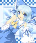  blue_eyes blue_hair bow checkered checkered_background cirno cosplay detached_sleeves hair_bow hakurei_reimu hakurei_reimu_(cosplay) ice japanese_clothes kumatoshi miko sarashi short_hair simple_background solo touhou wings 