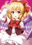  1girl :d bangs black_vest blonde_hair bow bowtie cowboy_shot dress eyebrows_visible_through_hair frilled_dress frills gengetsu_(touhou) hair_bow hand_in_hair highres long_sleeves looking_at_viewer open_mouth orange_eyes pink_background red_bow red_bowtie ruu_(tksymkw) short_hair simple_background smile solo standing touhou touhou_(pc-98) vest white_dress white_wings wings 