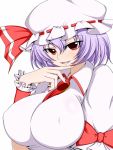  :d adult breasts brooch erect_nipples finger_to_mouth hat huge_breasts impossible_clothes impossible_shirt jewelry lavender_hair nail_polish open_mouth red_eyes remilia_scarlet short_hair simple_background smile solo touhou wrist_cuffs zefyu 