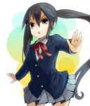  black_hair blazer brown_eyes haruken k-on! long_hair nakano_azusa school_uniform skirt solo twintails very_long_hair vulcan_salute 