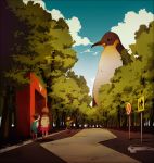  3girls bird cloud clouds giant lee_hyeseung multiple_girls parking_lot penguin road_sign sign sky surreal tree 