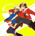  3boys black_hair gold_(pokemon) grin hat jacket jumping kouki_(pokemon) pokemon red_eyes smile yuuki_(pokemon) 