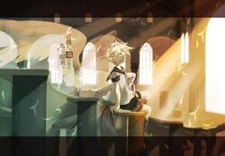  1boy blonde_hair blue_eyes feathers hekicha kagamine_len male necktie shorts sitting solo vocaloid wings 