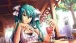 aqua_hair bow breasts cleavage drink glass hair_bow hair_ribbon hatsune_miku heart_straw long_hair pinakes pinax pov pov_dating restaurant ribbon sitting smile twintails vocaloid world_is_mine_(vocaloid) 