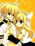  alternate_hairstyle annoyed anzu_(o6v6o) bad_id blush hair_ornament hair_ribbon hairclip hand_on_head heart incest kagamine_len kagamine_rin long_hair necktie ribbon short_hair siblings smile twincest twins vocaloid 