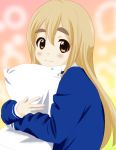  blue_eyes brown_eyes eyebrows hug k-on! kotobuki_tsumugi long_hair moutiko pillow solo track_suit 