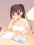  ahoge arima_senne book breast_rest breasts brown_hair eraser glasses highres kashiwamochi_yomogi long_hair mechanical_pencil original pencil ponytail red_eyes smile solo strap_slip tareme tombow_mono 