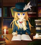  blonde_hair blue_eyes book bookshelf candle eating feathers flower food hat highres library okitune-sama quill reading rose rune_factory rune_factory_frontier sandwich selphy solo top_hat wavy_hair 