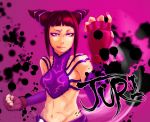  abs bare_shoulders black_hair elbow_gloves fingerless_gloves fist gloves han_juri ink licking_lips midriff nail_polish navel nyogetsu purple solo street_fighter street_fighter_iv tongue violet_eyes 