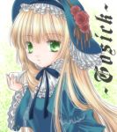  blonde_hair close-up flower frills gosick green_eyes hat long_hair looking_back pipe ribbon rose victorian victorique_de_broix wakami_satsuki wide_sleeves 