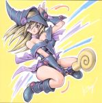  bare_shoulders blonde_hair blue_eyes boots breasts choker cleavage dark_magician_girl facial_mark fingerless_gloves gloves hand_on_head hat knee_boots large_breasts legs long_hair lowres official_art signature smile solo straddle takahashi_kazuki wand wind wizard_hat yu-gi-oh! yuu-gi-ou yuu-gi-ou_duel_monsters 