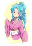  blue_hair botan_(yu_yu_hakusho) color_(artist) female japanese_clothes kimono long_hair open_mouth pink_eyes ponytail solo yu_yu_hakusho 