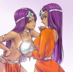  2girls asymmetrical_clothes ball breasts chinyan circlet collarbone commentary_request crystal_ball dancer&#039;s_costume_(dq) dark_skin dark-skinned_female dragon_quest dragon_quest_iv dress holding holding_ball loincloth long_hair looking_at_viewer manya minea multiple_girls orange_dress pelvic_curtain purple_hair siblings sisters violet_eyes 