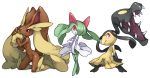  3girls creature crossed_legs_(standing) eyebrows fur hand_on_hip kirlia kneeling looking_at_viewer lopunny mawile monster no_humans open_mouth pearl7 pointing pokemon pokemon_(creature) pose red_eyes sharp_teeth simple_background smile standing thick_eyebrows white_background 
