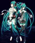  aqua_hair barefoot belt closed_eyes detached_sleeves dual_persona elbow_gloves fingerless_gloves gloves hatsune_miku hatsune_miku_(append) jewelry long_hair miku_append navel necktie skirt sukua thigh-highs thighhighs tk28 toeless_socks twintails very_long_hair vocaloid vocaloid_append zettai_ryouiki 