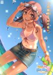  bad_id beach belt bikini bikini_top bird blush brown_eyes brown_hair collarbones dark_skin denim denim_skirt face front-tie_top goggles goggles_on_head leaning_forward midriff navel ocean open_mouth original pairan seagull skirt smile sweat tan tanline teeth twintails water water_gun wet 