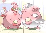  1girl blissey chansey conversation evolution happiny hat joy_(pokemon) kaeru_ace nurse nurse_cap pokemon pokemon_(creature) reading smile window wooden_floor 