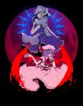  ann606 bat_wings card cards chin_rest clock cup full_moon glowing holding holding_card izayoi_sakuya knife maid moon multiple_girls playing_card pocket_watch red_eyes red_moon remilia_scarlet short_hair skirt_hold smile spill teacup touhou watch wings wink 