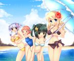   4girls bent_over bikini blonde_hair blue_eyes blue_hair breasts brown_eyes cleavage duji_amo closed_eyes green_eyes green_hair polka_dot polka_dot_bikini polka_dot_swimsuit redhead school_swimsuit short_hair striped striped_bikini striped_swimsuit swimsuit twintails umbrella  