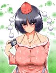  bad_id bare_shoulders black_hair blush bra_strap breasts camera casual cleavage contemporary hat jewelry large_breasts leaf necklace red_eyes shameimaru_aya short_hair smile solo suetsuki suetsuki_nagomu tokin_hat touhou 