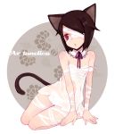  ar_tonelico ar_tonelico_iii bad_id bandage_over_one_eye bandages black_hair bow brown_eyes cat_ears cat_tail catgirl chemise dress filament gust hair_ornament hairclip kneeling masto nekomimi on_side red_eyes short_hair sitting skirt solo strap_slip tail torn_clothes 