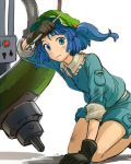  blue_eyes blue_hair gloves hair_bobbles hair_ornament hat iwamoto_james kawashiro_nitori short_hair sleeves_rolled_up solo touhou twintails wrench 