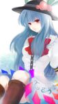  blue_hair boots colored_eyelashes eyelashes food fruit hat hinanawi_tenshi lips long_hair peach red_eyes simple_background sitting solo stare touhou 