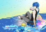  ak_(cosmio) blue_eyes blue_hair food from_behind headphones ice_cream kaito looking_back male sitting solo vocaloid 