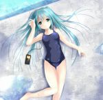  aqua_hair bad_id bandaid digital_media_player earbuds earphones h016 hatsune_miku ipod long_hair lying mp3_player one-piece_swimsuit pool school_swimsuit swimsuit twintails vocaloid water 