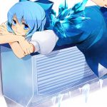  air_conditioner blue_eyes blue_hair bow cirno hair_bow ice lying nozomu144 on_stomach short_hair smile solo touhou wings 