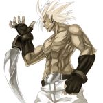  arm_blade belt chipp_zanuff earrings fingerless_gloves gloves grin guilty_gear jewelry male muscle red_eyes shirtless simple_background smile solo tomasu weapon white_hair 