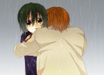  angel_beats! hug male mirakuruone naoi_ayato otonashi otonashi_(angel_beats!) rain school_uniform 