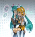  aqua_hair blonde_hair blue_eyes book detached_sleeves ebizome hair_ornament hairclip hatsune_miku headphones kagamine_rin long_hair reading short_hair shorts sitting syslila teaching twintails very_long_hair vocaloid 